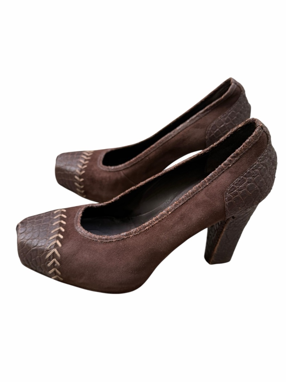 Henry Beguelin Brown EU 38.5 / US 8.5 Suede Block Heel Pumps Shoe Textured Toe